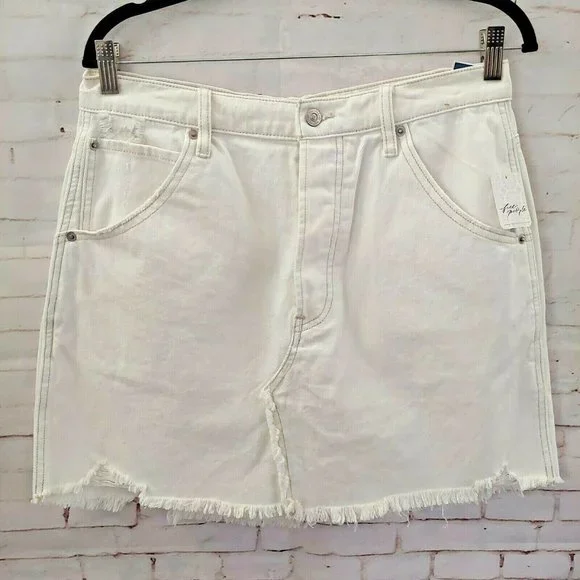 Free People We The Free Brea Distressed Denim Skirt Frayed Hem Deco White 31 Nwt - Picture 4 of 8